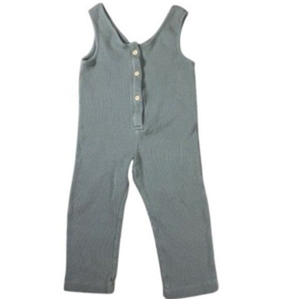 ZARA Jumpsuit Unisex 2-3Y Waffle Knit Sage Green Henley Sleeveless Romper